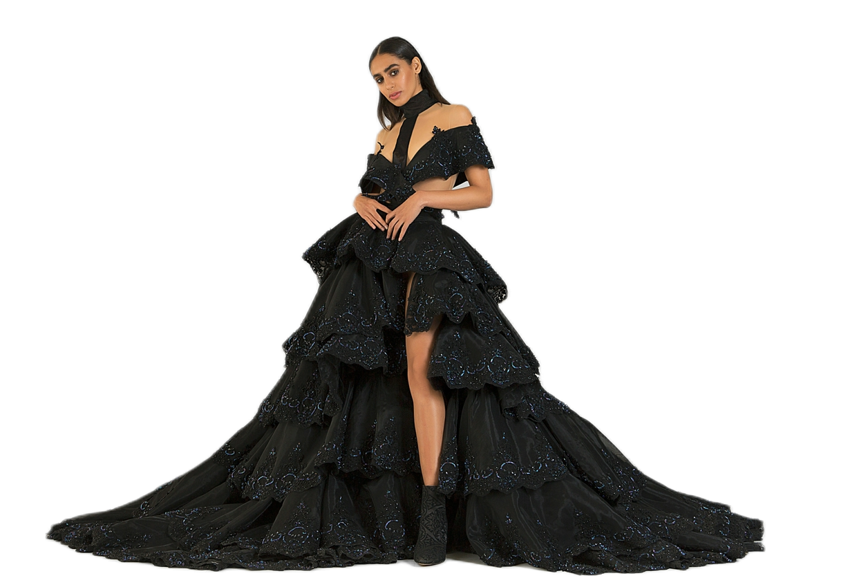 woman in black couture dress